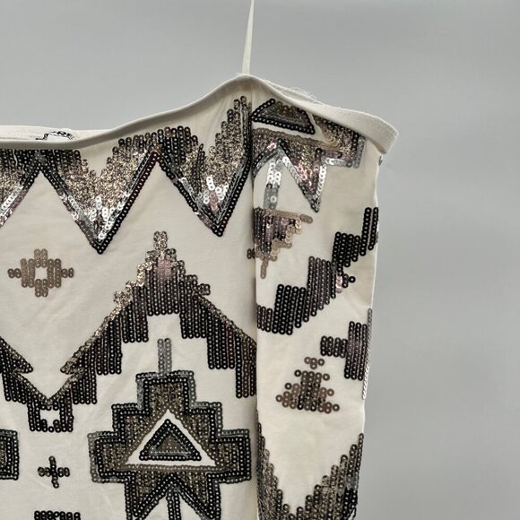 Express Off Shoulder Geometric Mini Dress Off White/Gold Sequin Size Small - Picture 4 of 9